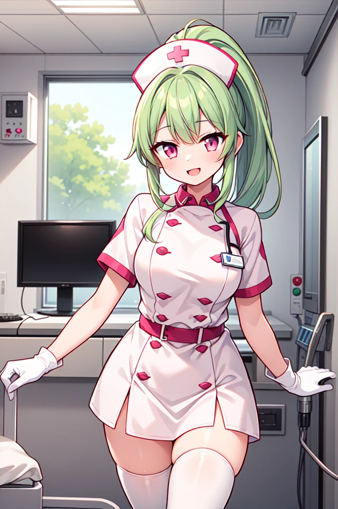 1girl, solo, nurse, nurse cap, white nurse uniform, ((white legwear, zettai ryouiki)), white gloves, ponytail, green hair, pink eyes, smile, standing, ((hospital room)), sharp outline, short sleeves, best quality, masterpiece