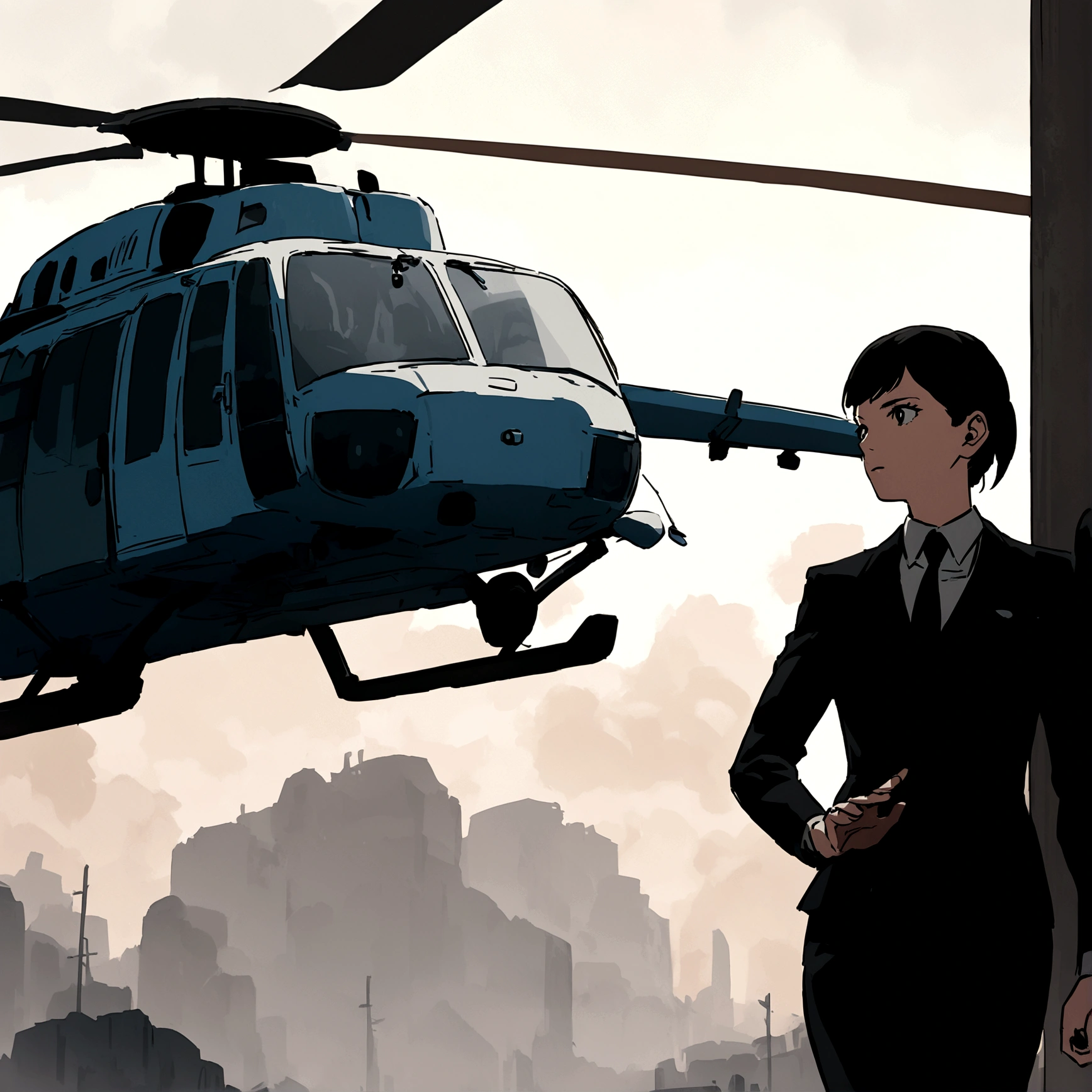 A dynamic scene from the film, we hold out the hand of a young superspy girl who holds on with one hand to the lower bar of an incoming helicopter