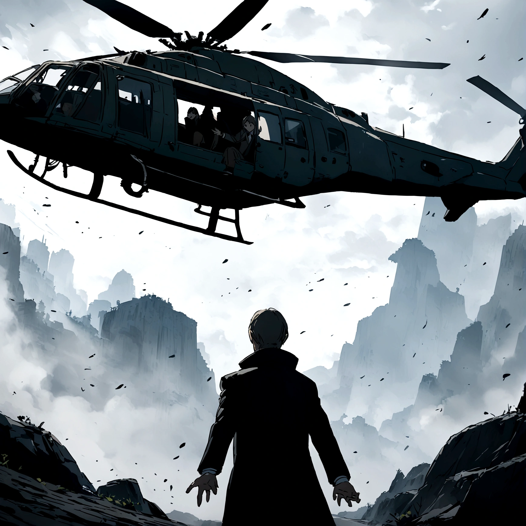 A dynamic scene from the film, we hold out the hand of a young superspy girl who holds on with one hand to the lower bar of an incoming helicopter