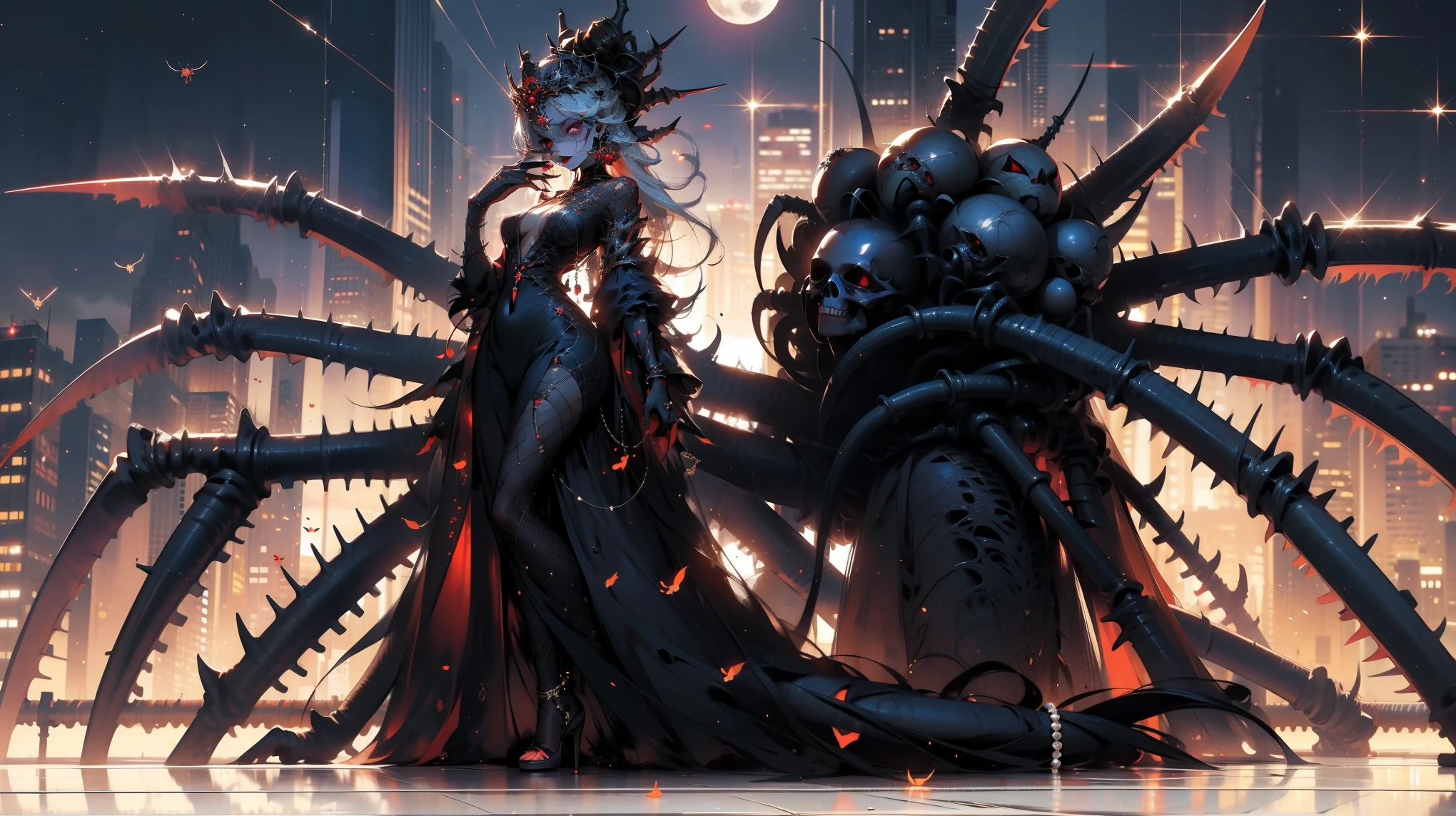chedevr,Best quality at its best,ultra - detailed,realistically,valid,photo,1 inch girl with giant breasts,One,tiaras,Ear and nipple ring,Pearls and jewelry,full body, lesbian,long nails,black dress,Spider leg,horror theme,fears,Sinophobia,night,moon,