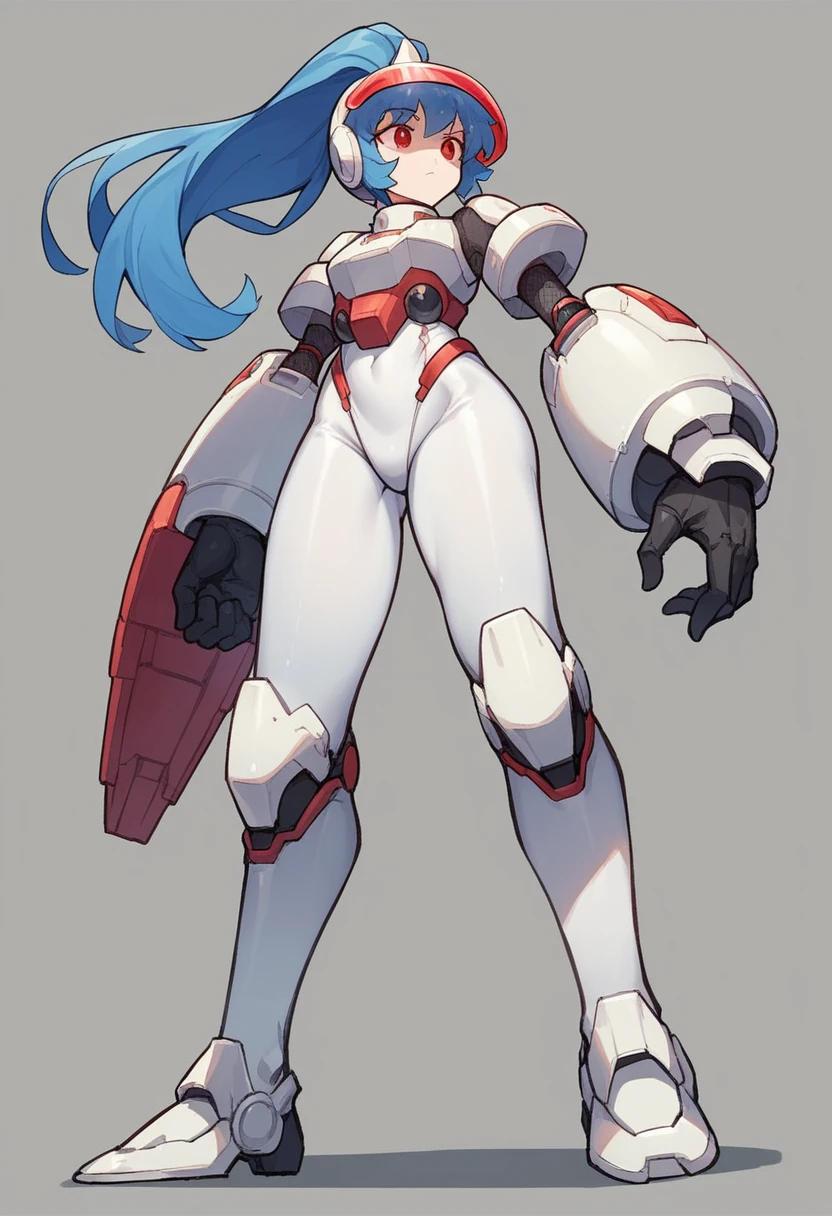 nsfw,　shiny clothes,　impossible bodysuit,　skin tight,　white bodysuit, fishnets,{{{{{mecha leotard armor}}}}}, artificial arm, { Absolute area } , spandex, ultra long black gloves, knee socks, {frilled arm}, {frilled knee}, {frilled leotard}, fighter 20 year old woman, alone in the meadow, ,blue hair ponytail ,red eyes slanted eyes, from below, full body, standing, helmet, visor