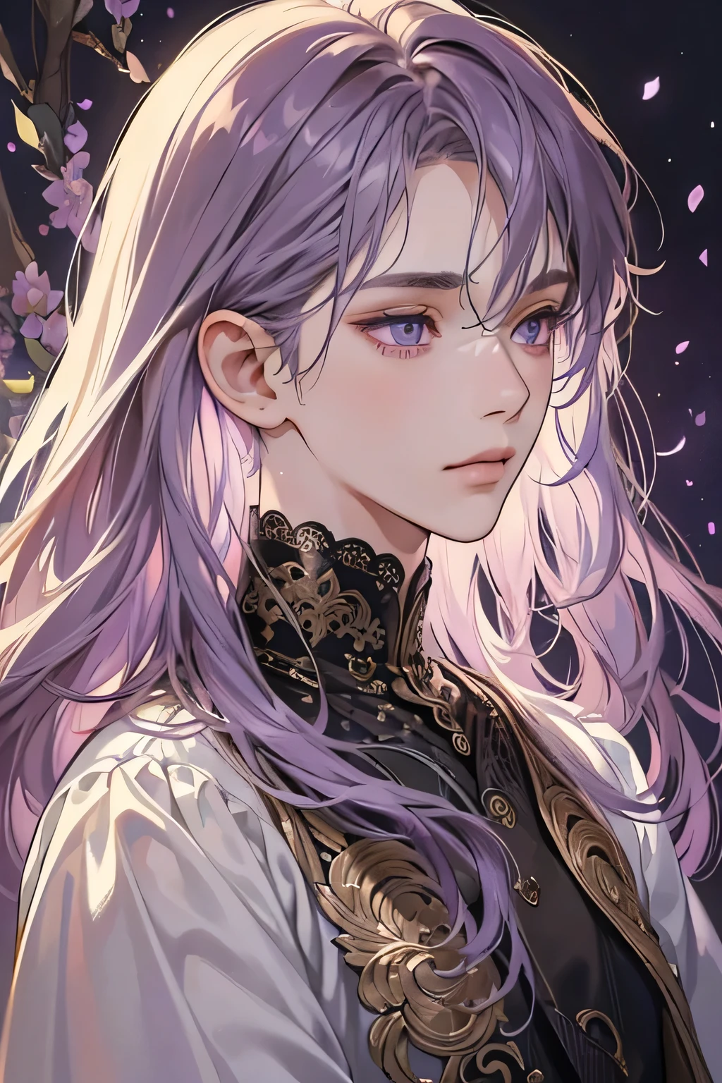 (extreamly delicate and beautiful:1.2), 8K,(masterpiece:1.0),(best_quality:1.0), 1boy, and intricate detailing, Enlarged textures, and intricate detailing, finely eye and detailed face, and intricate detailing, shiraga, lilac long hair, (closed mouths), Perfect eyes, Equal eyes, purple eyes (A Male god) with royal clothess