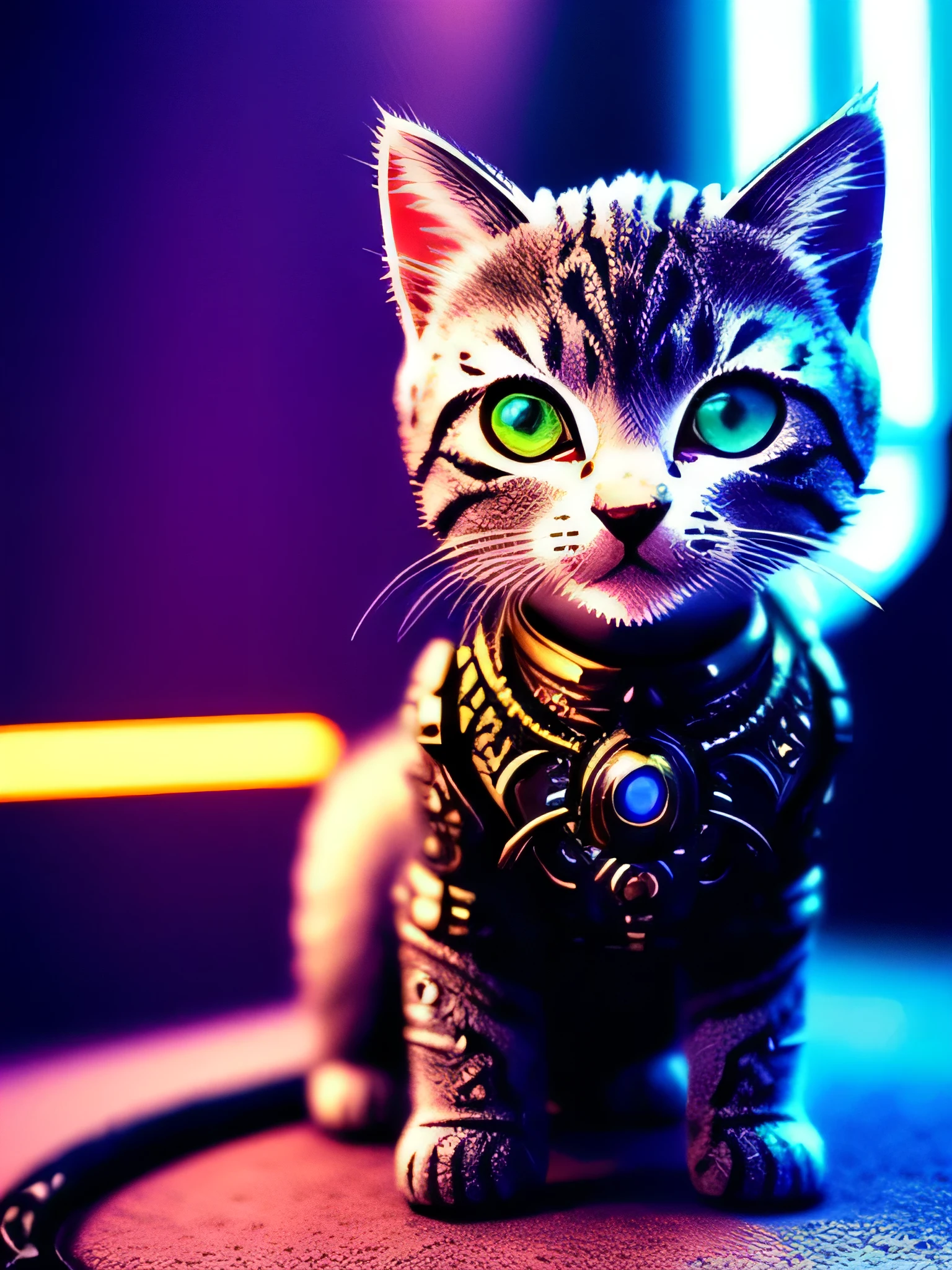 a cute kitten made out of metal, cyborg, cyberpunk style, ((intricate details)), hdr, ((intricate details, hyperdetailed)), cinematic shot, vignette