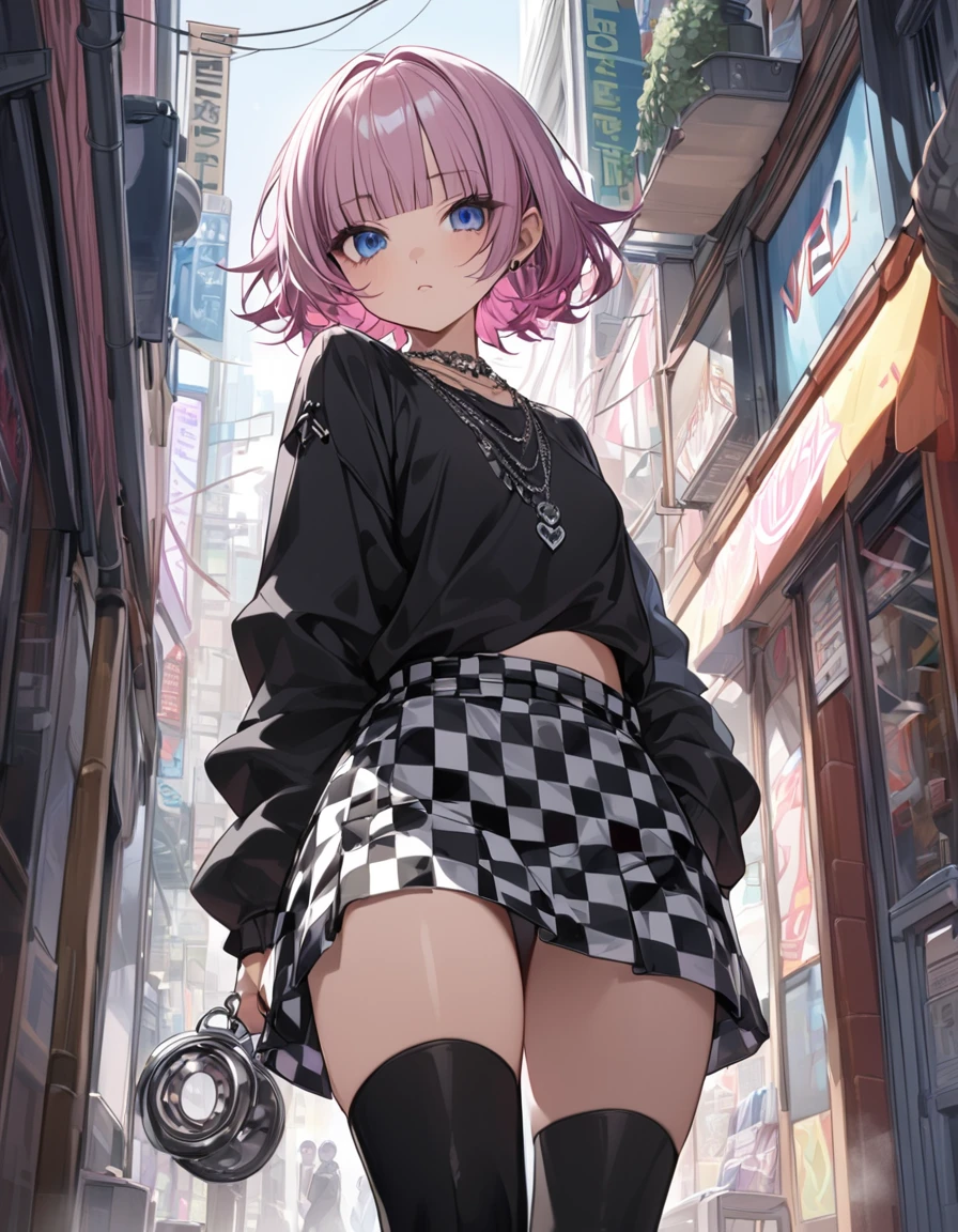 masterpiece, best quality, ultra-detailed, 1girl, pink hair, short hair, ((blunt bangs)), flipped hair, (jitome), blue eyes, Medium chest、slim、Cowboy Shot、looking around 、Street Corner、BREAK, (visual-kei, v-Kei:1.0), (black (oversized baggy:1.2) long sleeve t-shirt:1.2) with a (tattered elongated long sleeve), (tucked out:1.4),BREAK, (black knee-high:1.5), ( baggy boots), (black checkered mini skirt:1.5), (many silver accessories, necklaces:1.2), from behind, from below