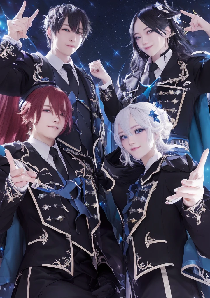 characters dressed in black and blue posing for a picture, starry sky!!, high detailed official art, night under the starry sky, key visual of elegant, detailed key art, smiling!! fantasy