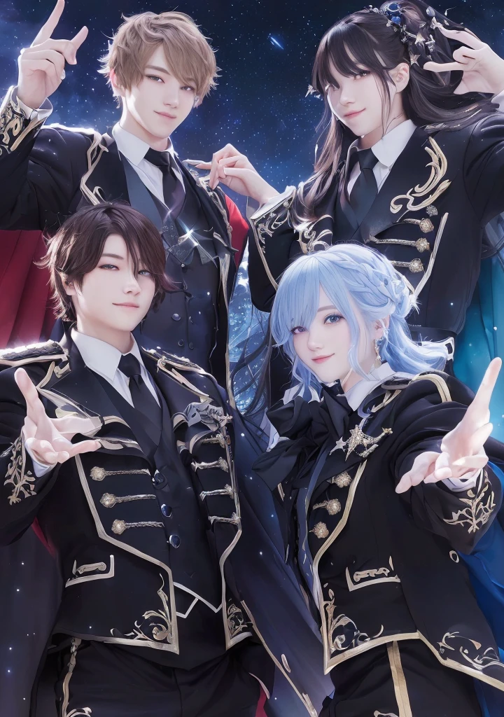  characters dressed in black and blue posing for a picture, starry sky!!, high detailed official art, night under the starry sky, key visual of elegant, detailed key art, smiling!! fantasy