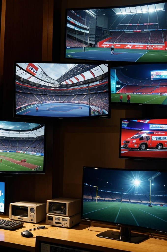 Create an illustration showing a stage with several television monitors, all showing the same soccer match in Costa Rica with intense and excited coverage. in the center of the scene, on a small almost hidden monitor, shows a tiny news story about a serious incident of football-related domestic violence. For example, an image of a house with broken windows and an ambulance in the background.