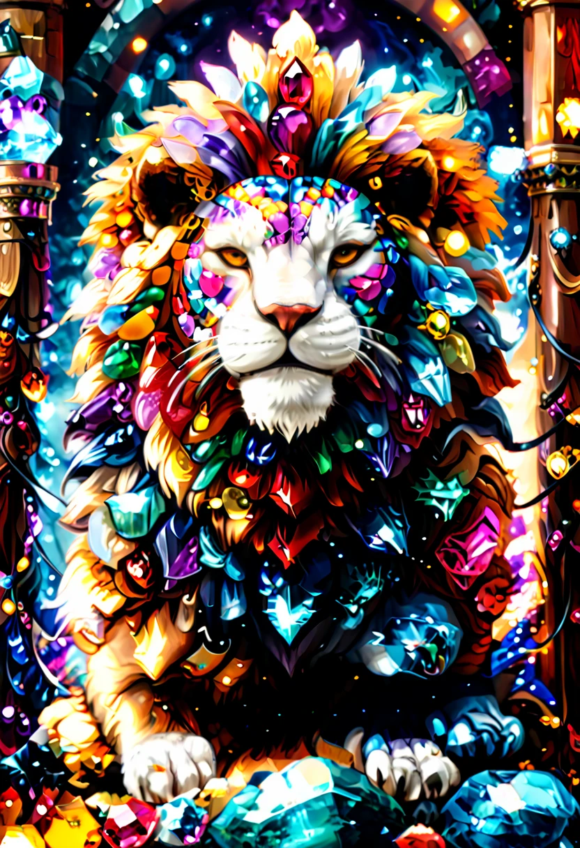 a picture of a massive epic throne, it has purple silk cushions, rubies, topaz, aquamarine gemstones, the throne is epic in its majestic, power, and royalty, symmetric with many  wood decorations and gem artwork, there is an epic lion resting ((at the base of the throne)) , behind the throne there are stars and nebulas of space a sense of high royalty, nobility and magic , (masterpiece: 1.4) a (portrait: 1.3) intense details, highly detailed, photorealistic, best quality, highres,16k, [ultra detailed], masterpiece, best quality, (extremely detailed), close up, ultra wide shot, photorealistic, RAW, fantasy art, dnd art, fantasy art, realistic art,((best quality)), ((masterpiece)), (detailed), RagingNebula, aetherpunkai, ral-ntrgmstn