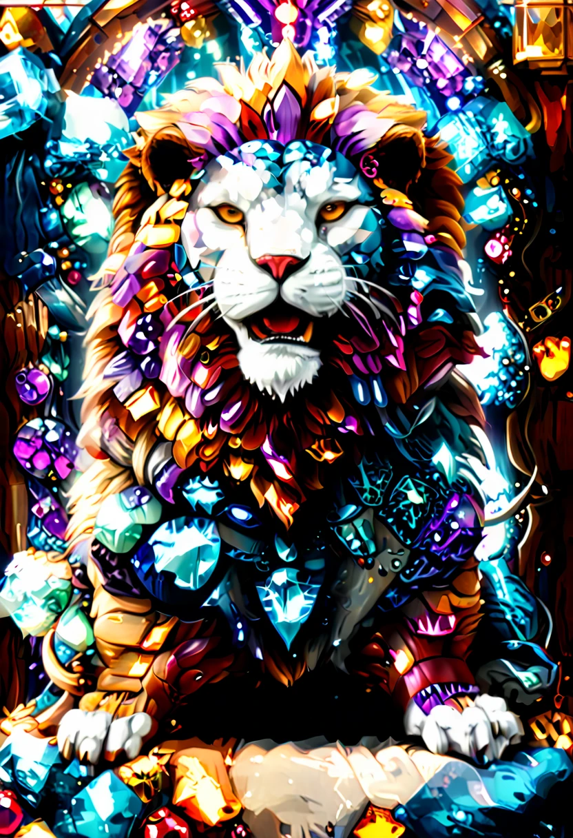 a picture of a massive epic throne, it has purple silk cushions, rubies, topaz, aquamarine gemstones, the throne is epic in its majestic, power, and royalty, symmetric with many  wood decorations and gem artwork, there is an epic lion resting ((at the base of the throne)) , behind the throne there are stars and nebulas of space a sense of high royalty, nobility and magic , (masterpiece: 1.4) a (portrait: 1.3) intense details, highly detailed, photorealistic, best quality, highres,16k, [ultra detailed], masterpiece, best quality, (extremely detailed), close up, ultra wide shot, photorealistic, RAW, fantasy art, dnd art, fantasy art, realistic art,((best quality)), ((masterpiece)), (detailed), RagingNebula, aetherpunkai, ral-ntrgmstn