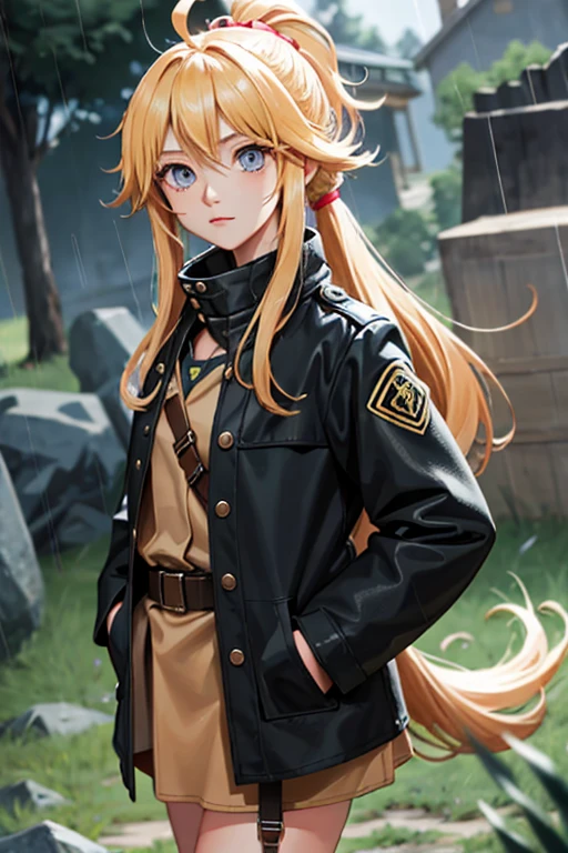 score_9, score_8_up, score_7_up BREAK TanyaDegurechaff, 1girl, solo, long hair, looking at viewer, blush, bangs, blue eyes, blonde hair, long sleeves, hair between eyes, closed mouth, standing, ponytail, ahoge, sidelocks, cowboy shot, outdoors, belt, blurry, uniform, coat, wet, military, military uniform, cross, rain, epaulettes, hand in pocket, black coat, hands in pockets, wet hair, source_anime,