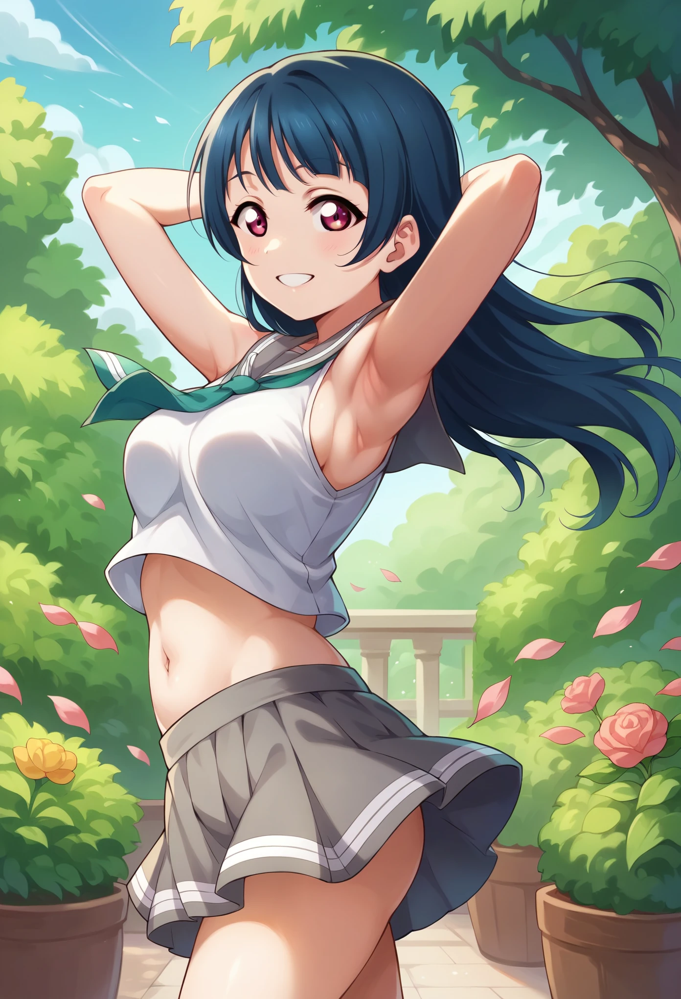 Yoshiko Tsushima love live,serafuku, gray mini skirt, slightly from side, arms behind head, armpits,wind  ,navel, breasts, smile , standing, sleeveless , looking at viewer,garden