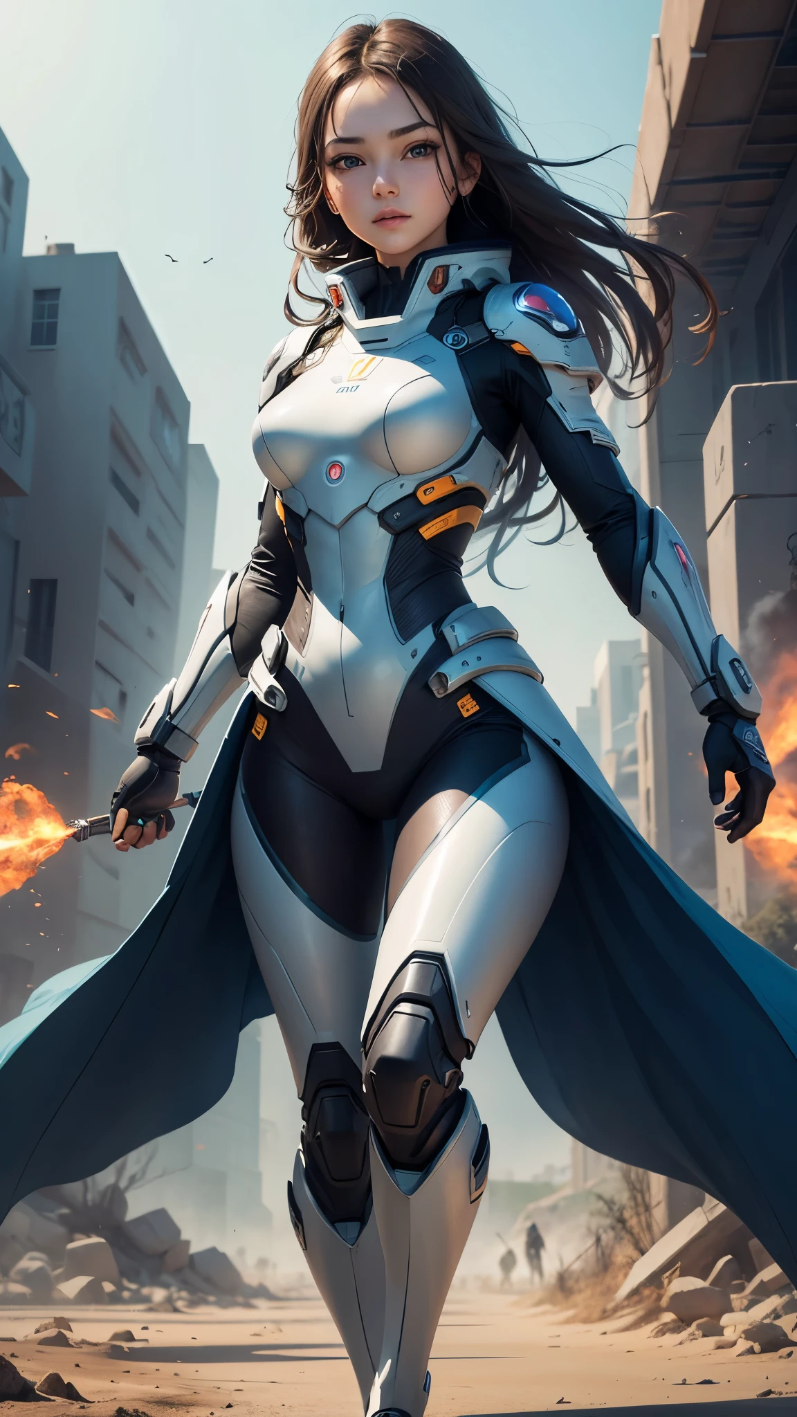 (Perfect Anatomy:1.4,Highest quality、超High resolution、High resolution、Highly detailed CG、8K Unit Wallpaper),((Biologically correct limb count))、(Symmetrical facial features))、Eyes with detailed description、Beautiful woman、Excellent style、(thin)、Facial detailing,masterpiece、Vibrant, Imaginary image of a girl in a mecha suit, ((Fly gracefully across the battlefield of the future)). The girl is full of energy, Bright colors contrast with muted hues, The mechanical beauty of the suit. The suit&#39;s vibrant colors and intricate details、Sophisticated, Mecha futuristic design.