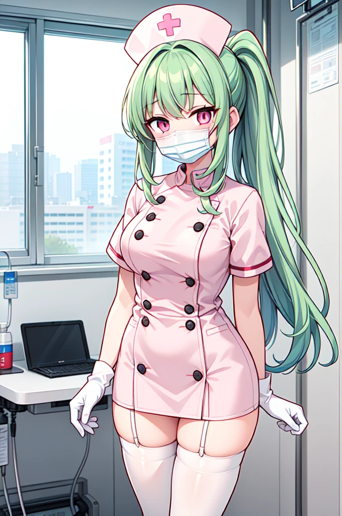 1girl, solo, nurse, nurse cap, white nurse uniform, ((white legwear, zettai ryouiki)), white gloves, ponytail, green hair, pink eyes, ((white surgical mask, covered nose)), standing, ((hospital room)), sharp outline, short sleeves, best quality, masterpiece