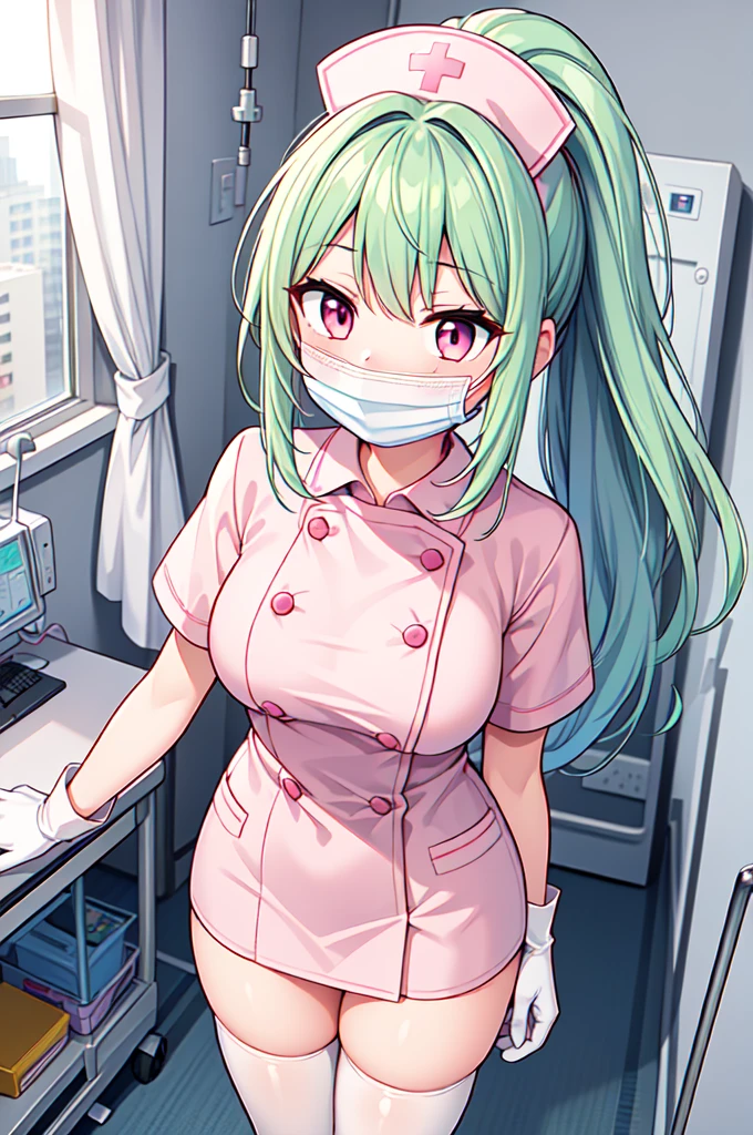 1girl, solo, nurse, nurse cap, white nurse uniform, ((white legwear, zettai ryouiki)), white gloves, ponytail, green hair, pink eyes, ((white surgical mask, covered nose)), standing, ((hospital room)), sharp outline, short sleeves, best quality, masterpiece