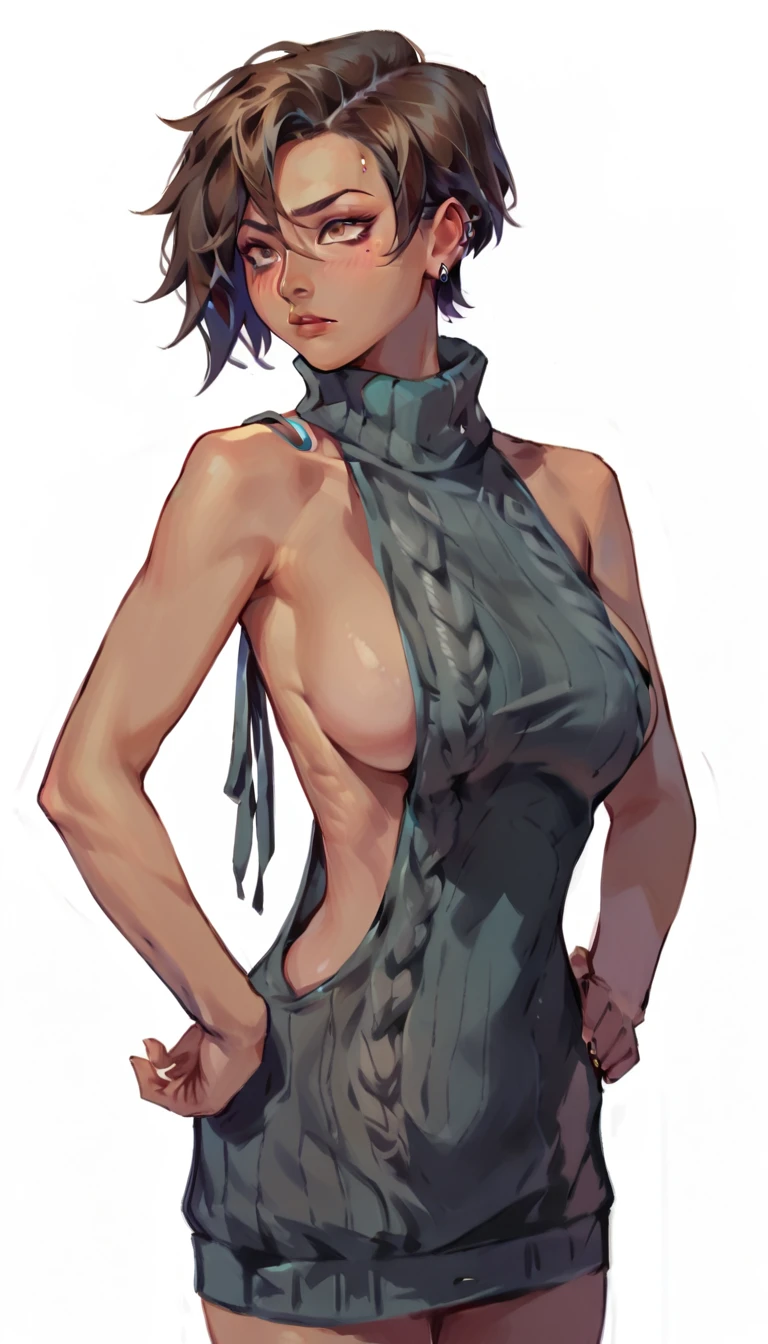 score_9, score_8_up, score_7_up, 1girl, smudgy, traditional art, liu2, brush texture, big breasts, brown skin, facing viewer, virgin killer sweater, side boob, white background, earring, shy, hands on hips, exposed sides, hand knife in her hand one hand down straight while holding knife ,tomboy hair cut