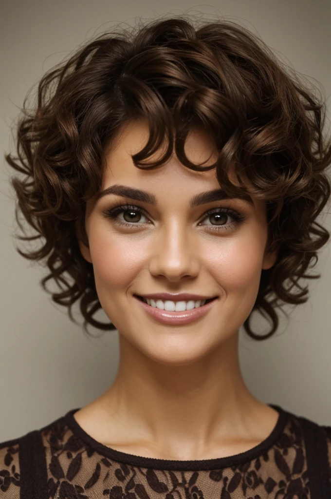Women short brown curly hair buck teeth brunette small round eyes 40 years old