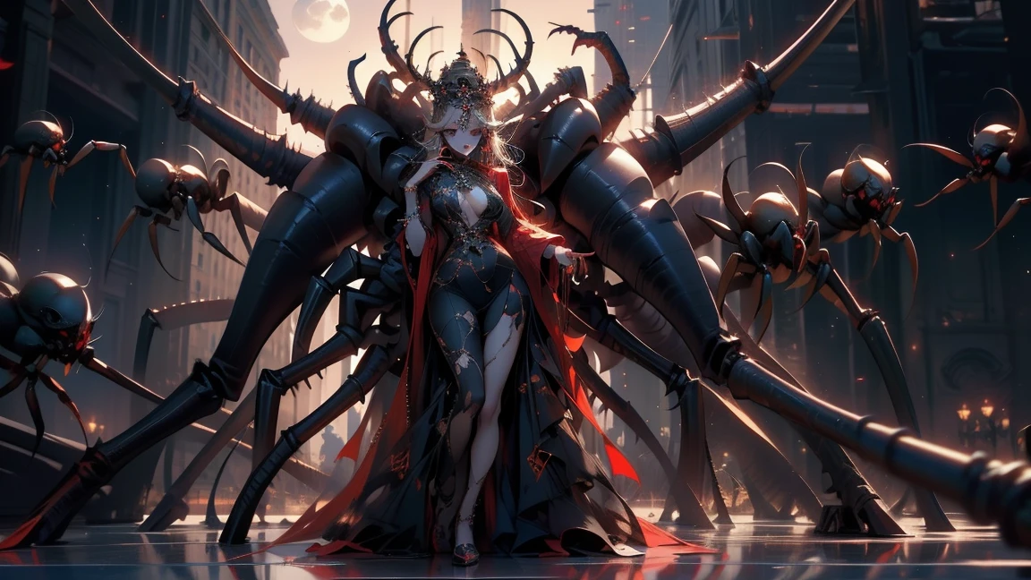 Spider Queen Унголиант, LOTR Shelob, Spider Queen, tmasterpiece,Best quality at its best,ultra - detailed,realistically,valid,photo,1 inch girl with giant breasts,One,tiaras,Ear and nipple ring,Pearls and jewelry,full body, lesbian,long nails,black dress,Spider leg,horror theme,fears,Sinophobia,night,moon,The overall effect is a great blend of fantasy., chaos and abyss,. close-up, fine quality Blue eyes, Blue eyes , ultra detailed, beautiful and aesthetically pleasing, masterpiece, Best Quality Score, extremely detailed, ray tracing, Medium Body, close-up, High view, particles and hard light, cut corner. depth of field、natural soft light、professional lighting、Great smile、(highly detailed skin: 1.2)、Photorealistic render of an anime girl、Bright highlights of the eyes、Ideal Anatomy、Crotch open、shy、legs spread、Panties visible、skirt flips over、Shiny body, oily, erectile nipple))、permission 8k、sophisticated clothes、complex parts