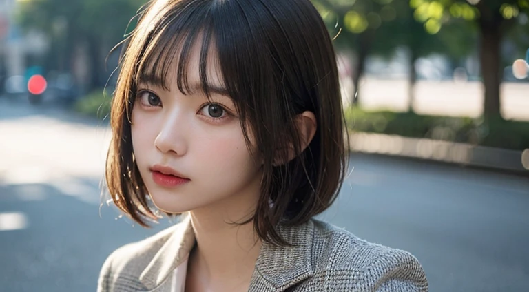 (Bob Cut Hair:1.2),(Wear a blazer:1.2),1 girl,Japanese,21 years old,(Small breasts:1.3),(Highest quality,masterpiece:1.3,超A high resolution,),(Ultra-detailed,Caustics),(Photorealistic:1.4,RAW shooting,)Ultra-Realistic Capture,Very detailed,High resolution 16K human skin close-up。 Natural skin texture、,Pores、、It needs to be detailed enough to be easily identifiable。 Skin should be even-toned and healthy looking。 Use natural light and colour, Sad expression, Looking at the camera, Perfect dynamic composition, Outdoor