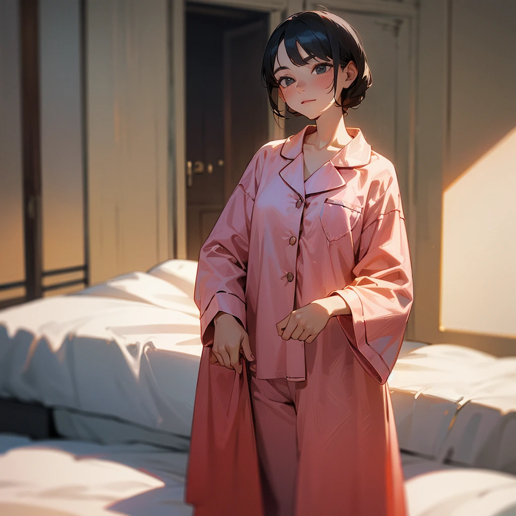 The face remains the same,tall,Inside the room,Fair skin,pajamas
