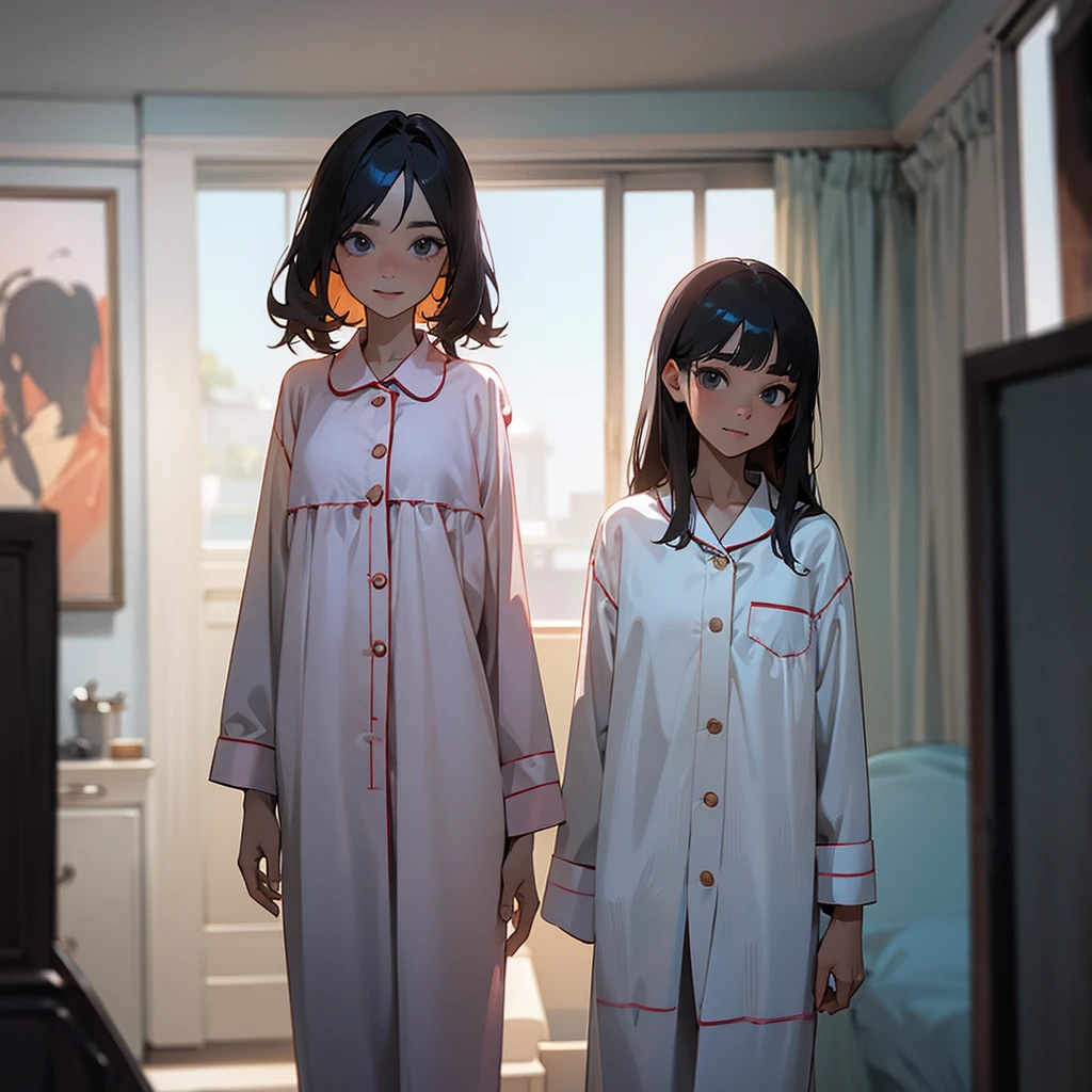 The face remains the same,tall,Inside the room,Fair skin,pajamas