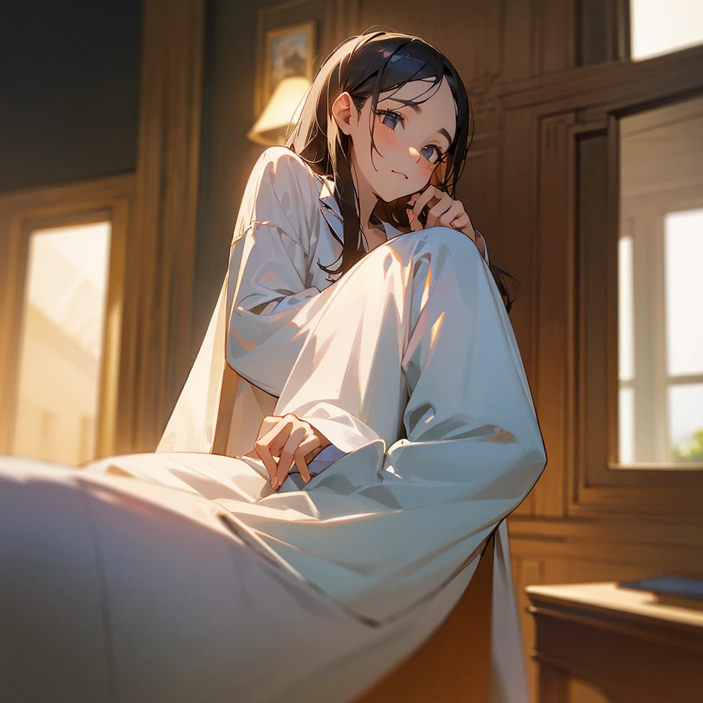 The face remains the same,tall,Inside the room,Fair skin,pajamas