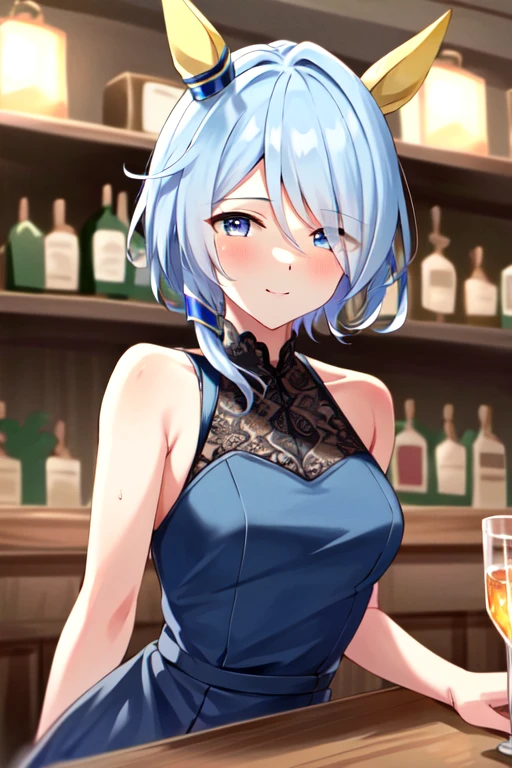 (masterpiece), highly detailed, best quality, (high resolution), 8k, 1girl, solo, k.s.miracle, umamusume, short hair, blue hair, horse ears, horse girl, horse tail, blue eyes, cinematic angle, looking at viewer, blue dress, party dress, indoor, bar, gentle smile, eyes visible through hair, hair over left eye