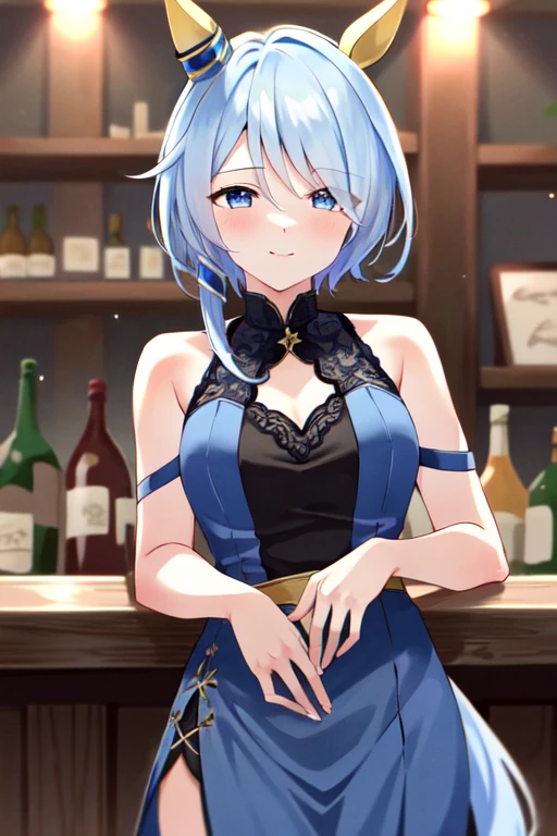 (masterpiece), highly detailed, best quality, (high resolution), 8k, 1girl, solo, k.s.miracle, umamusume, short hair, blue hair, horse ears, horse girl, horse tail, blue eyes, cinematic angle, looking at viewer, blue dress, party dress, indoor, bar, gentle smile, eyes visible through hair, hair over left eye