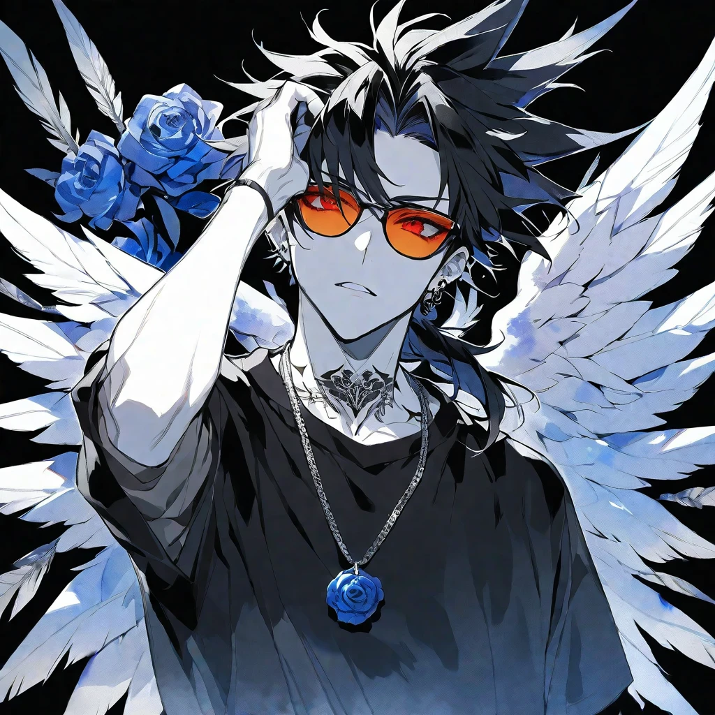 Solo,handsome, monochrome,watercolor,1 male, Ponytail, Braided black hair, red eyes, Gojo Satoru,Angel feather,ピアス,necklace
,casual,Blue Rose Tattoo,black Oversized court,Stylish,cool,Wear sunglasses around your neck,Void,look up,
blackbackground,İcon,Despise face up