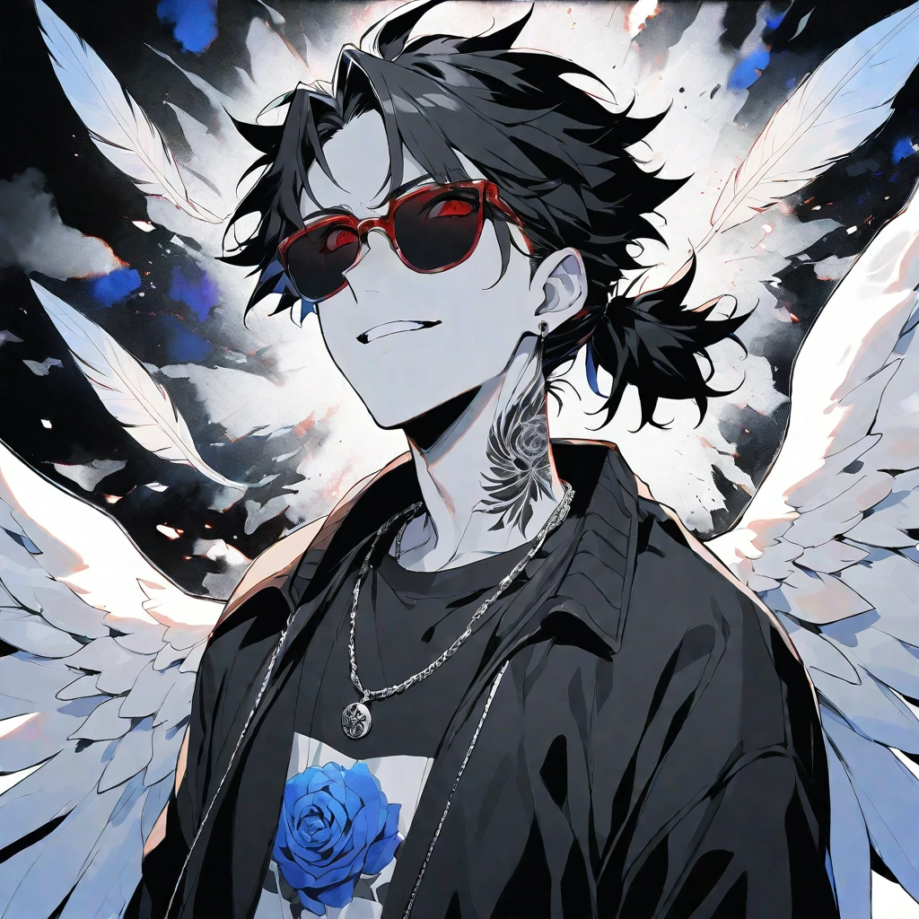 Solo,handsome, monochrome,watercolor,1 male, Ponytail, Braided black hair, red eyes, Gojo Satoru,Angel feather,ピアス,necklace
,casual,Blue Rose Tattoo,black Oversized court,Stylish,cool,Wear sunglasses around your neck,Void,look up,
blackbackground,İcon,Despise face up