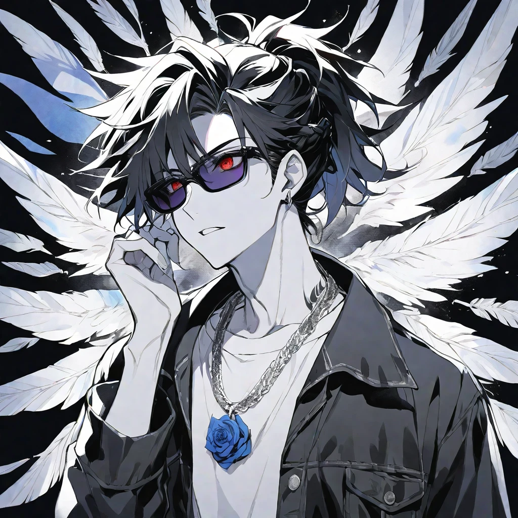 Solo,handsome, monochrome,watercolor,1 male, Ponytail, Braided black hair, red eyes, Gojo Satoru,Angel feather,ピアス,necklace
,casual,Blue Rose Tattoo,black Oversized court,Stylish,cool,Wear sunglasses around your neck,Void,look up,
blackbackground,İcon,Despise face up