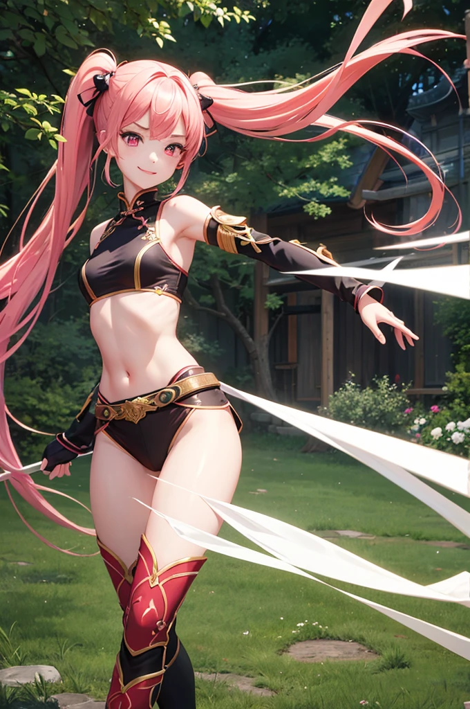 Perfect human body modeling, 1girl, small breasts, beautiful girl, cute girl and idol face, young face, smile, Beautiful long pink hair, twintails, Beautiful shining red eyes, white skin, Short body, Western-style fantasy, RPG, martial artist, dark green Chinese Combat Uniform,