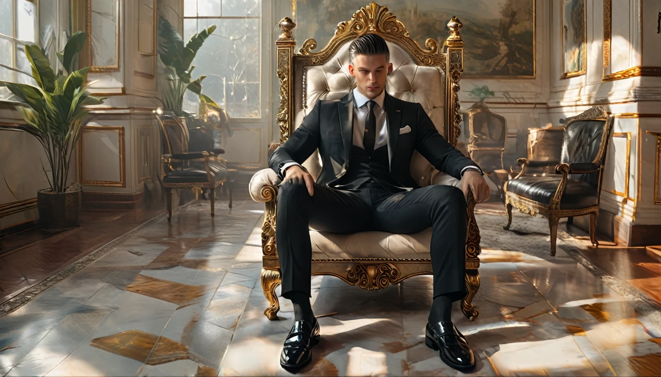 A man in a black suit sits on a throne and steps on a banknote with his leather shoe, zooming in on his feet. The scene is a luxurious room. 4k masterpiece, best quality, (highly detailed CG unity 8k wallpaper), (best quality), (best illustration), (best shadows), incredibly realistic lighting, (depth), beautiful glow, art by Peter Mohrbacher.