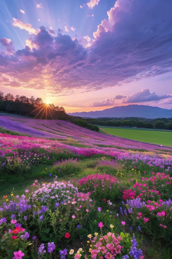 A colorful flower field in full bloom、The sky is purple at dusk、The lights shining through the clouds、Making the flowers shine