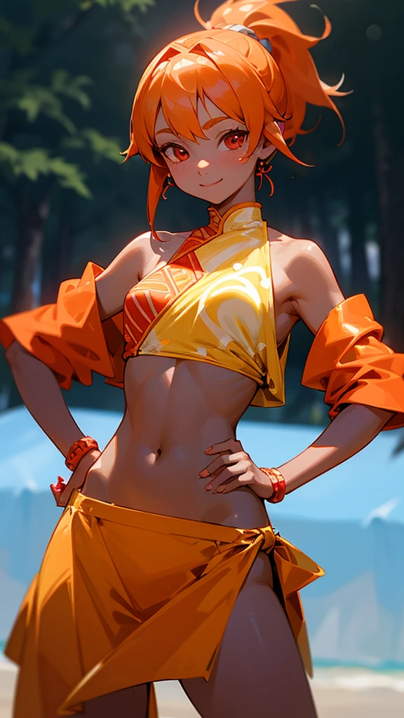 1 Girl、8K、Sharp focus、(Bokeh) (Highest quality) (Detailed skin:1.3) (Intricate details) (anime)、Orange Hair、ponytail、Beautiful red eyes、18-year-old、(Please put your hands on your hips)、chest、Slim figure、bikini、A pareo skirt with bold ethnic patterns and plenty of primary colors、Realistic Skin、Shiny skin, Sunburned skin、Cowboy Shot、Side body、smile、smile、Park in the background、Soft lighting