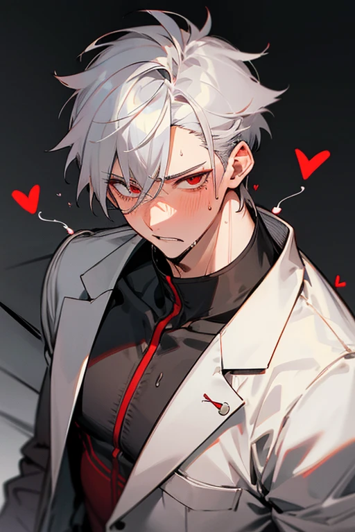 male、Gray Hair、Gray Hair、short hair、Red Eye、冷血なmale、good looking、Cold Face、Well-formed face、Well-built、painful、blush、Sweat、Hard look、Hearts in the eyes、Painful voice、