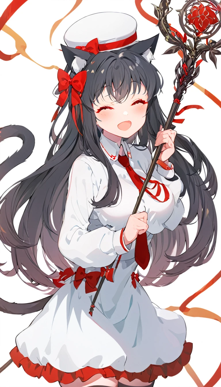 a cartoonish girl wearing a dress and cat ears holding a staff, 1girl, breasts, solo, thighhighs, closed eyes, red bow, black hair, smile, long hair, hat, hat bow, large breasts, long sleeves, open mouth, tail, bow, white headwear, necktie, blush, eyeshadow