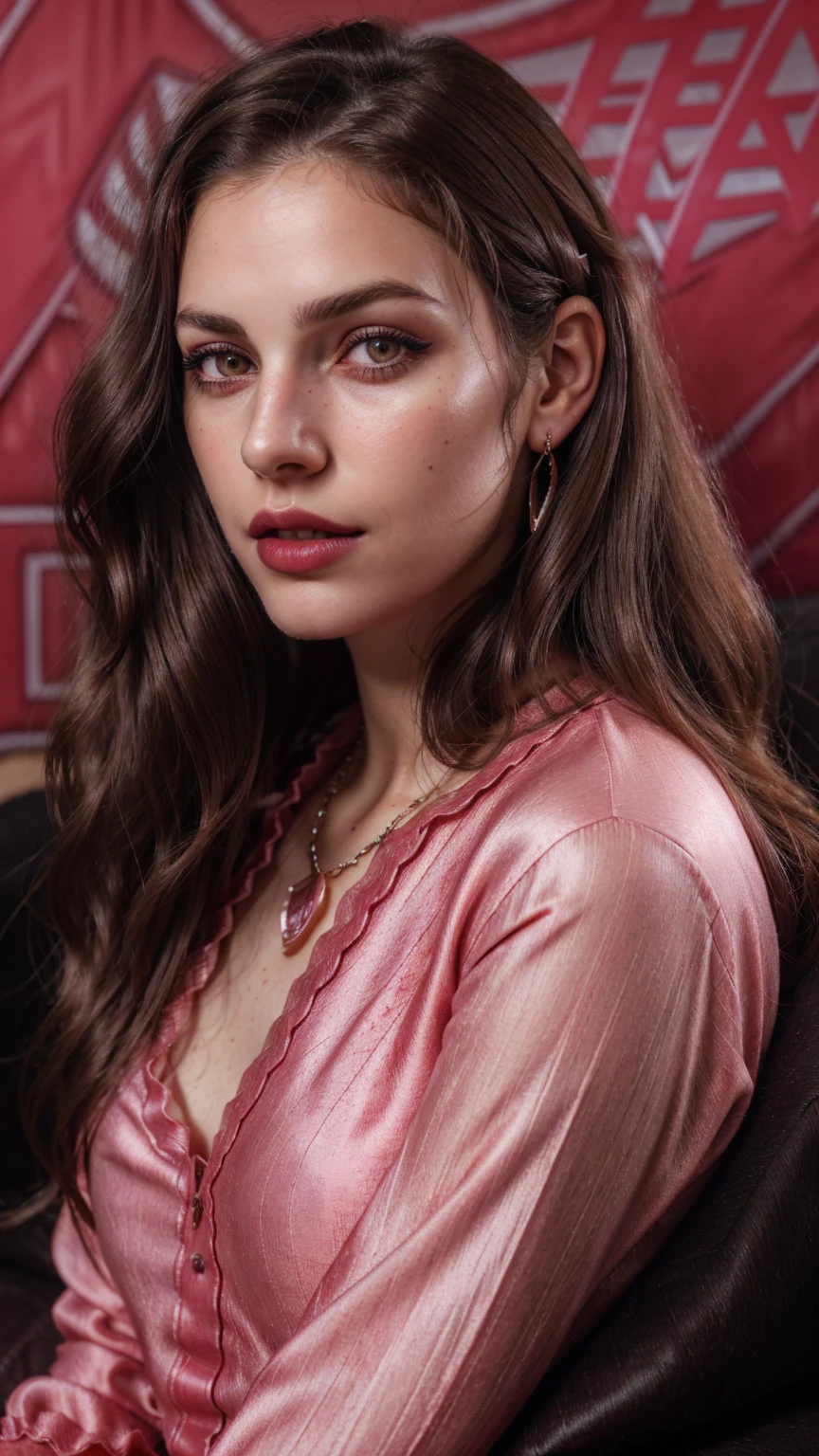 Wavy brown hair, (RAW photo, realism: 1.8), (very dark lip gloss, jet pink lipstick, many eyelashes, dark black eye shadow, shy, blushing, high quality, high resolution, depth of field, chromatic aberration, caustic, wide light, natural colors, 20 year old woman), necklaces, chokers, earrings, bracelets, wear many accessories, style A good woman,l, silk pink shirt, upper body, beautiful skin, lots of exposure, very line, looks delicious, lips that make you want to kiss, scruffy futon,