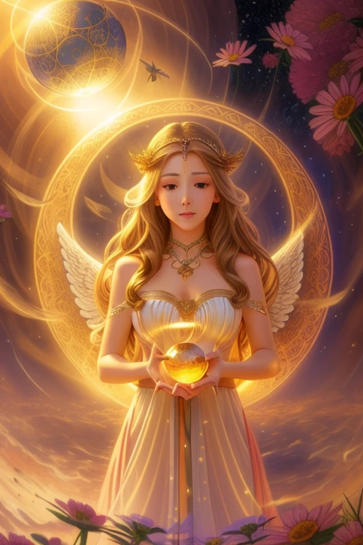 Painting of a woman with long hair and angel wings holding a crystal ball, portrait of a Beautiful angel, Beautiful woman angel, of Beautiful angel, Beautiful angel, Angelic Spirit Guidance, An angel of light, Beautiful fantasy art portrait, Elven angel meditating in space, Heavenly Goddess, Portrait of a Goddess, Beautiful fantasy art, A shining angelic presence, Fantasy Portrait