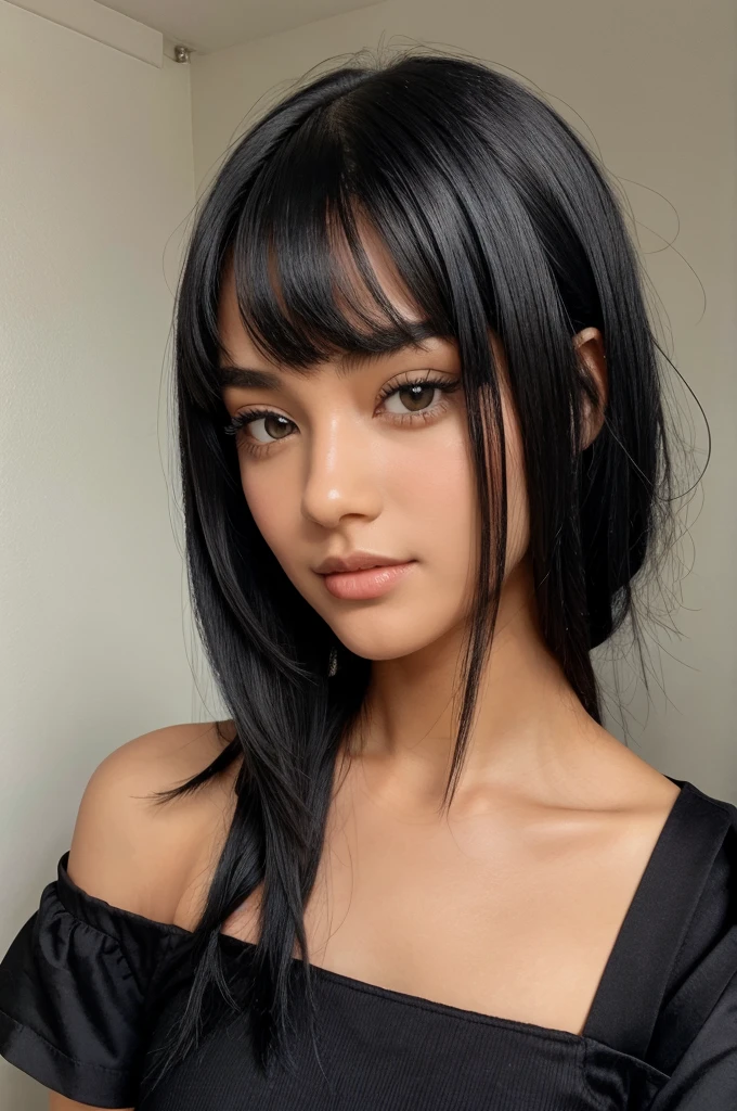 Only girl head photo with black silky hair