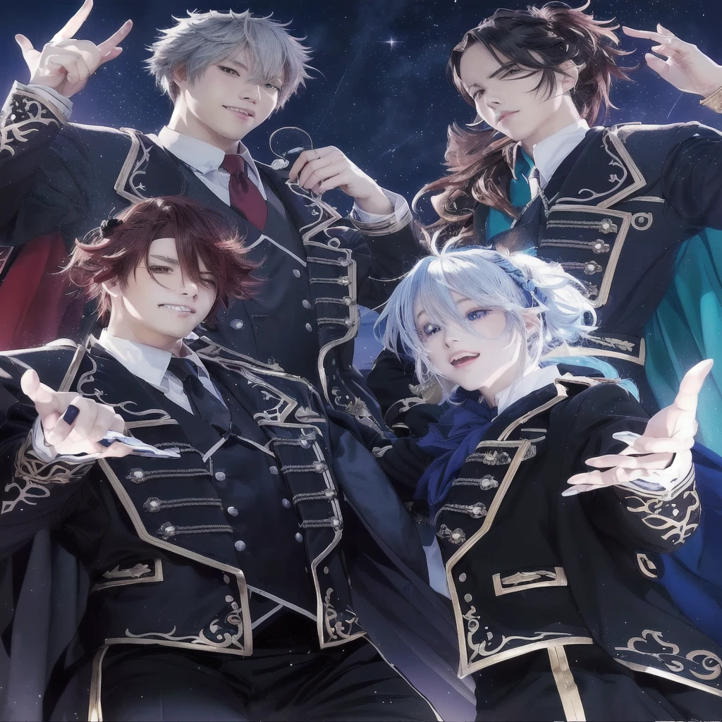 anime characters dressed in black and blue posing for a picture, starry sky!!, high detailed official artwork, official fanart, best anime 4k konachan wallpaper, fivestarstory style, hajime yatate, anime cover, night under the starry sky, official artwork, anime key visual of elegant, zerochan art, detailed key anime art, smiling!! fantasy
