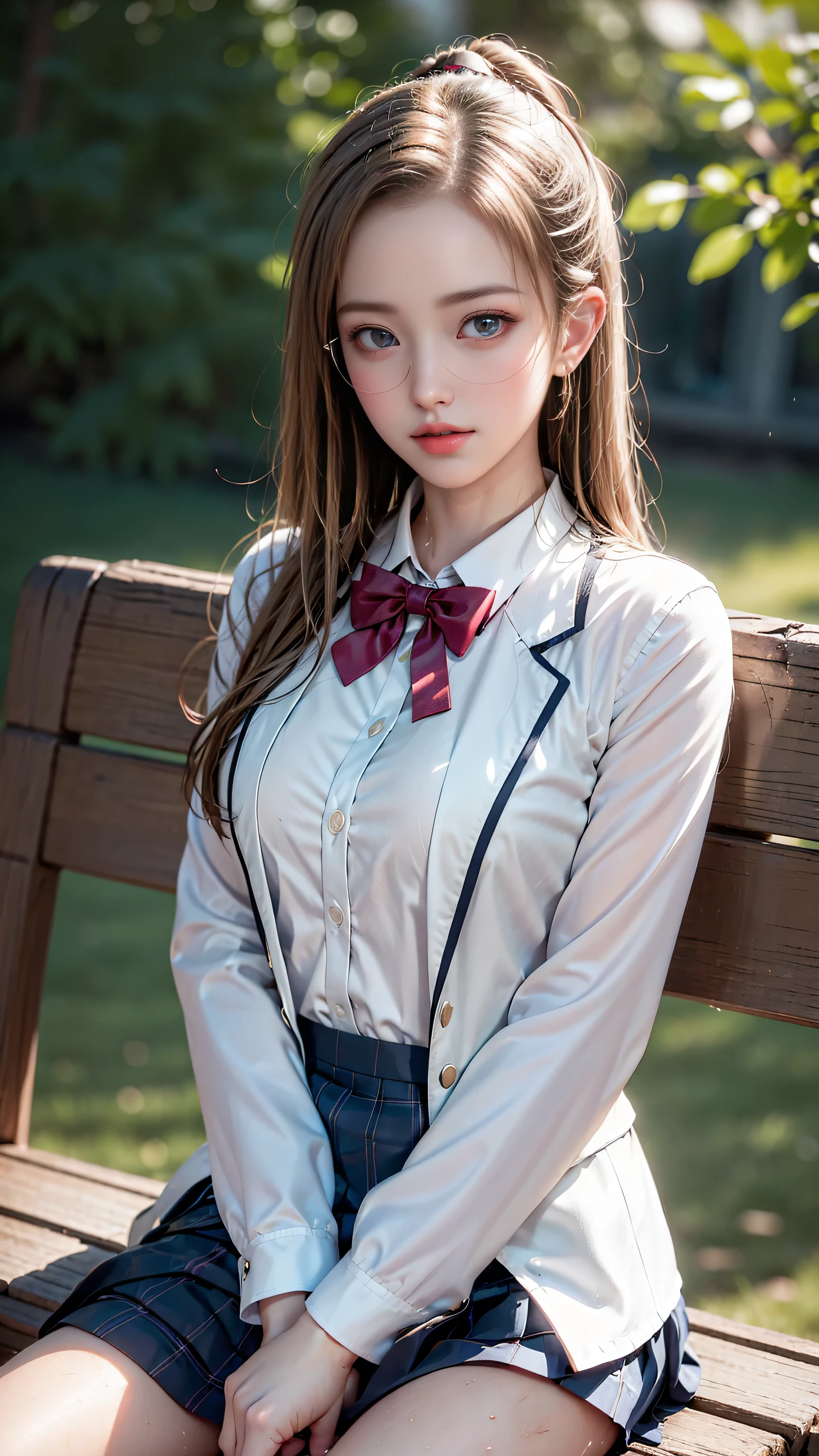 （(A girl sitting on a park bench after the rain)）、Highest quality works、Actual work、Ultra Premium Graphics、8K HD CG Works、High quality graphics、High-definition CG works、10x pixels、Very fineディテール：1.1、Advanced technical details：1.1 Photorealistic、Natural light：1.5、（Virtual Lighting Effects：1.8），Long silver hair（（Eyes closed）），Thin eyebrows，High nose，Clean red lips，Rose Cheeks，Subtle makeup face，Cute face，Perfectly balanced face，A light-toned foundation enhances the clarity of your skin.。 ((high school girl)),((Wet white blazer)),((Translucent wet white blouse、Red bow tie、Navy blue checked skirt)). 40k, photograph, , Highest quality, Rain Background, ((1 gorgeous wet light haired girl、She has a beautiful face and、Wear glasses, ))。White skin, Mr.々A pose. ((Medium sized chest,:1.1)), Highest quality, Ultra-high resolution, (Real:1.4), RAWphotograph, (Perfect figure), Slim abdomen, perfect slim figure, Dynamic Pose,  on its own, Cold light source 12000K, The texture of the face and skin is very fine, Fine grain, Realistic eyes, Fine grain子が美しい, (Real Skin), charm, Ultra-high resolution, surreal, Very fine, ((She&#39;s wet))、