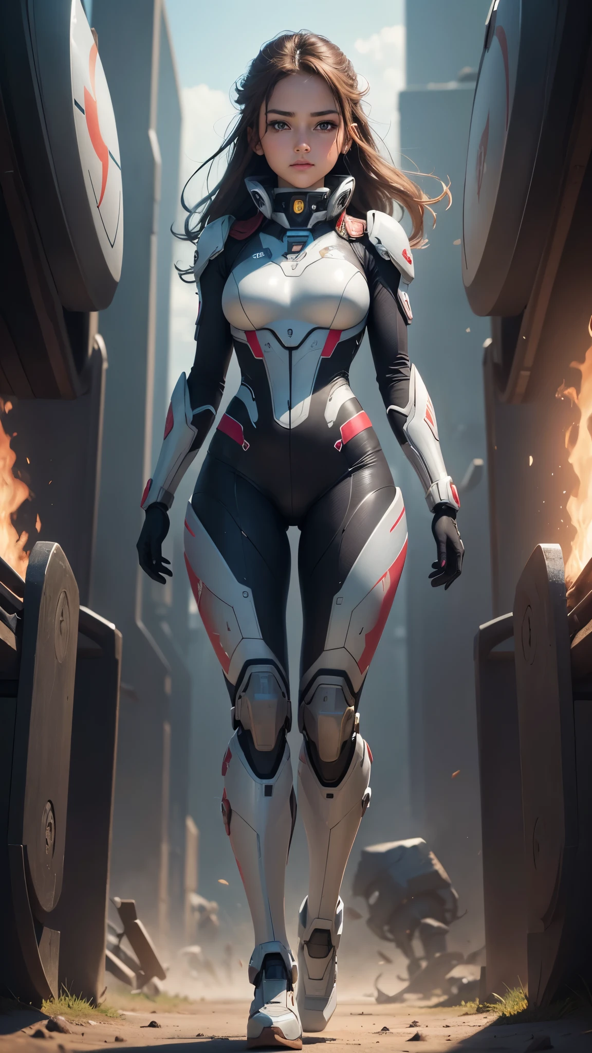 (Perfect Anatomy:1.4,Highest quality、超High resolution、High resolution、Highly detailed CG、8K Unit Wallpaper),((Biologically correct limb count))、(Symmetrical facial features))、Eyes with detailed description、Beautiful woman、Excellent style、(thin)、Facial detailing,masterpiece、Vibrant, Imaginary image of a girl in a mecha suit, ((Fly gracefully across the battlefield of the future)). The girl is full of energy, Bright colors contrast with muted hues, The mechanical beauty of the suit. The suit's vibrant colors and intricate details、Sophisticated, Mecha futuristic design.