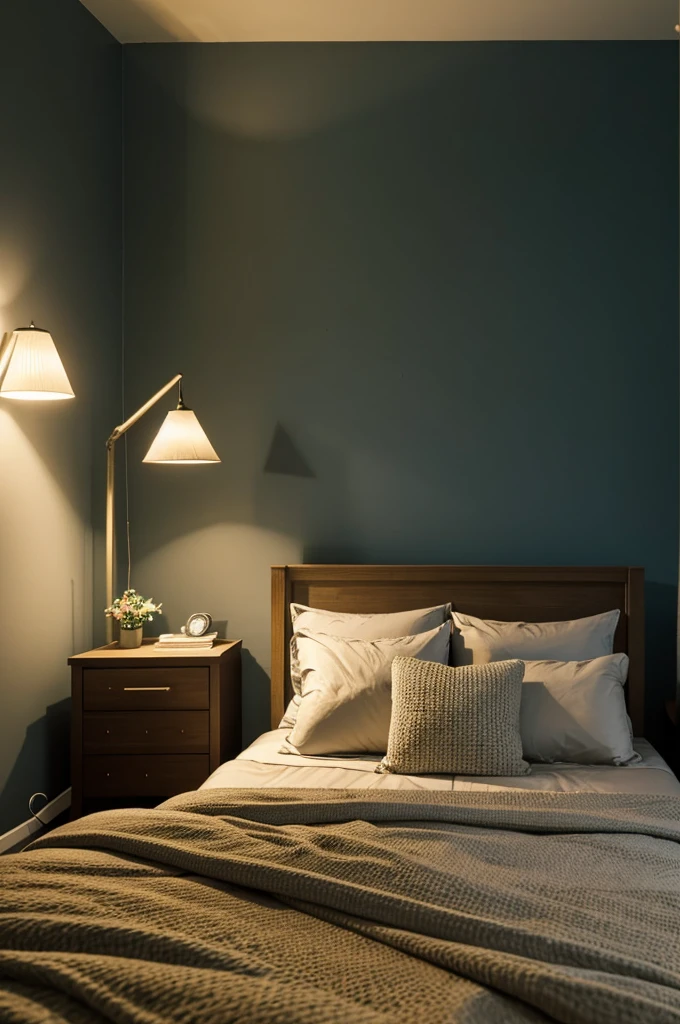 Picture of a bedroom with the lights turned off, a lamp set at the head of the bed, and a bed in front of the bed. The atmosphere is peaceful.