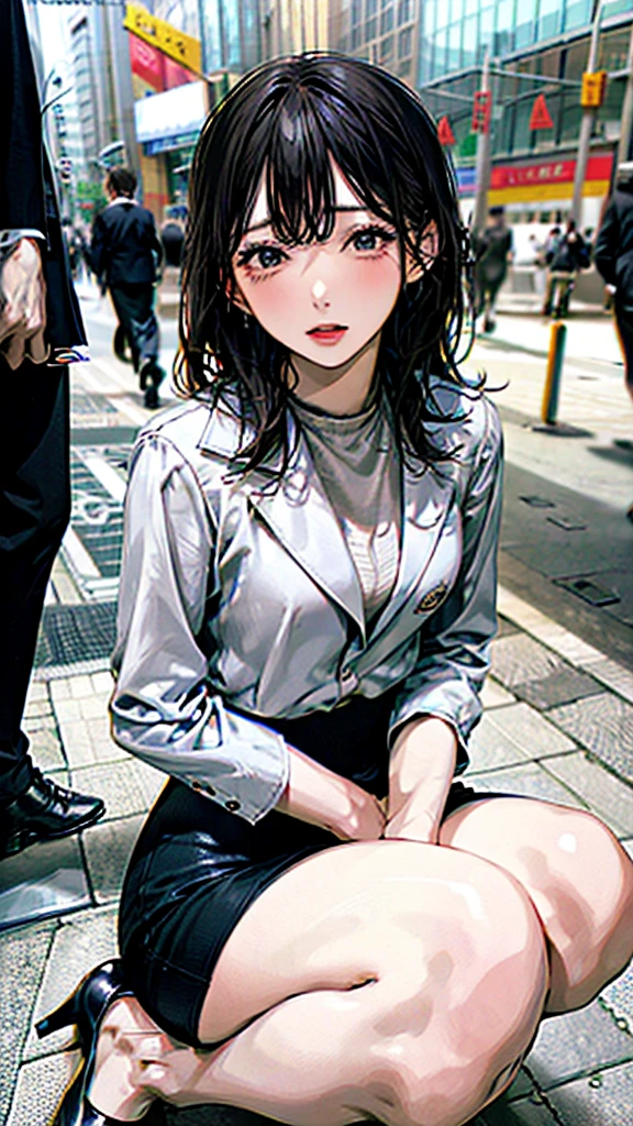 Blowjob、Office lady、Tailored Suits、Pencil Skirt、High heels、Lower body of man in front of female face、A woman is sitting sideways、On my knees、Kneeling posture、
