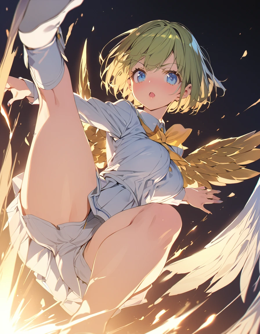 masterpiece Young Girl Magic school uniform Golden Wings (Short Bob Hair:1.4),(blue eyes) Big Breasts Kick