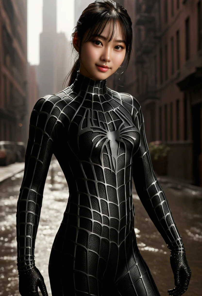 score_9, score_8_up, score_7_up, best quality, realistic, masterpiece, beautiful detail, hyperrealistic, (1girl, woman body, smile), big breasts, amazing detailed full body portrait of a beautiful ulzzang girl, wearing a realistic and highly detailed black raimi spider-man suit, ((huge muscular girl)), professional model wears ultra - detailed black raimi spider - man suit, ultra - detailed and grained black raimi spiderman suit, suit covered entire body and hand, black spiderman gloves, wet, (cute pose), (full body), (dirty skin), close up, octane render, highly detailed, volumetric, dramatic lighting, (highest quality:1.1), (HDR:1.3), (top quality, best quality), realistic, high definition,
