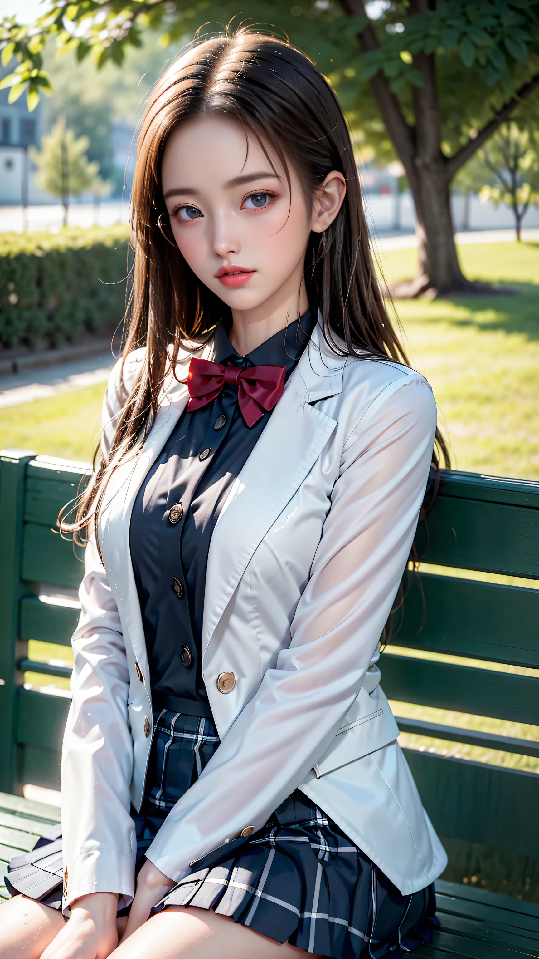 ((A girl sitting on a park bench after the rain))、Highest quality works、Actual work、Ultra Premium Graphics、8K HD CG Works、High quality graphics、High-definition CG works、10x pixels、Very fineディテール:1.1、Advanced technical details:1.1 Photorealistic、Natural light:1.5、(Virtual Lighting Effects:1.8),Long silver hair((Eyes closed)),Thin eyebrows,High nose,Clean red lips,Rose Cheeks,Subtle makeup face,Cute face,Perfectly balanced face,A light-toned foundation enhances the clarity of your skin.。 ((high school girl)),((Wet white blazer)),((Translucent wet white blouse、Red bow tie、Navy blue checked skirt)). 40k, photograph, , Highest quality, Rain Background, ((1 gorgeous wet light haired girl、She has a beautiful face and、Wear glasses, ))。White skin, Mr.々A pose. ((Medium sized chest,:1.1)), Highest quality, Ultra-high resolution, (Real:1.4), RAWphotograph, (Perfect figure), Slim abdomen, perfect slim figure, Dynamic Pose, on its own, Cold light source 12000K, The texture of the face and skin is very fine, Fine grain, Realistic eyes, Fine grain子が美しい, (Real Skin), charm, Ultra-high resolution, surreal, Very fine, ((She's wet))、