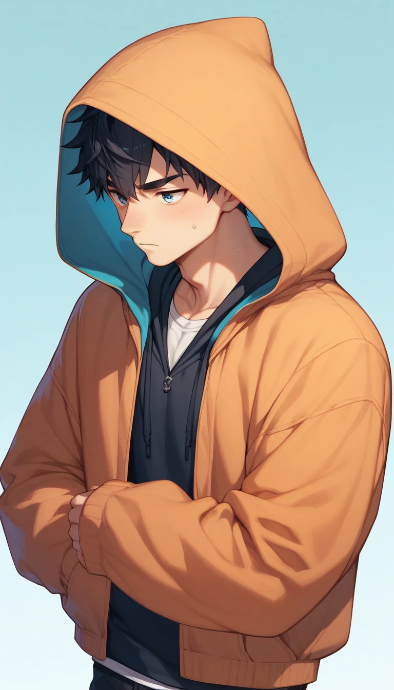 score_9, score_8_up, score_7_up, score_6_up, score_5_up, score_4_up, 1 male, chiseled face, tall, (black hair), short hair, crisp eyebrows, Hooded, cloaked