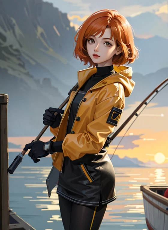(Masterpiece:1.2), Best quality, Beautiful fisherman picture, Orange hair, 40 one, Wearing a yellow raincoat, (On a fishing boat:1.3), Dark clouds, Photoreal, Hyperreal, Excessive detail, analog style, Ready hip, Staid, Low cut, Detailed skin, Matte leather, Soft lighting, Subsurface dispersion, real, Heavy shadow, Masterpiece, Best quality, ultra real, 8K, Golden Ratio, complicated, High detail, Cinematography, Soft focus