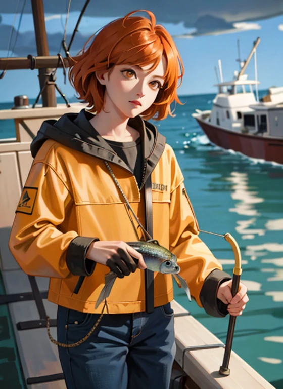 (Masterpiece:1.2), Best quality, Beautiful fisherman picture, Orange hair, 40 one, Wearing a yellow raincoat, (On a fishing boat:1.3), Dark clouds, Photoreal, Hyperreal, Excessive detail, analog style, Ready hip, Staid, Low cut, Detailed skin, Matte leather, Soft lighting, Subsurface dispersion, real, Heavy shadow, Masterpiece, Best quality, ultra real, 8K, Golden Ratio, complicated, High detail, Cinematography, Soft focus